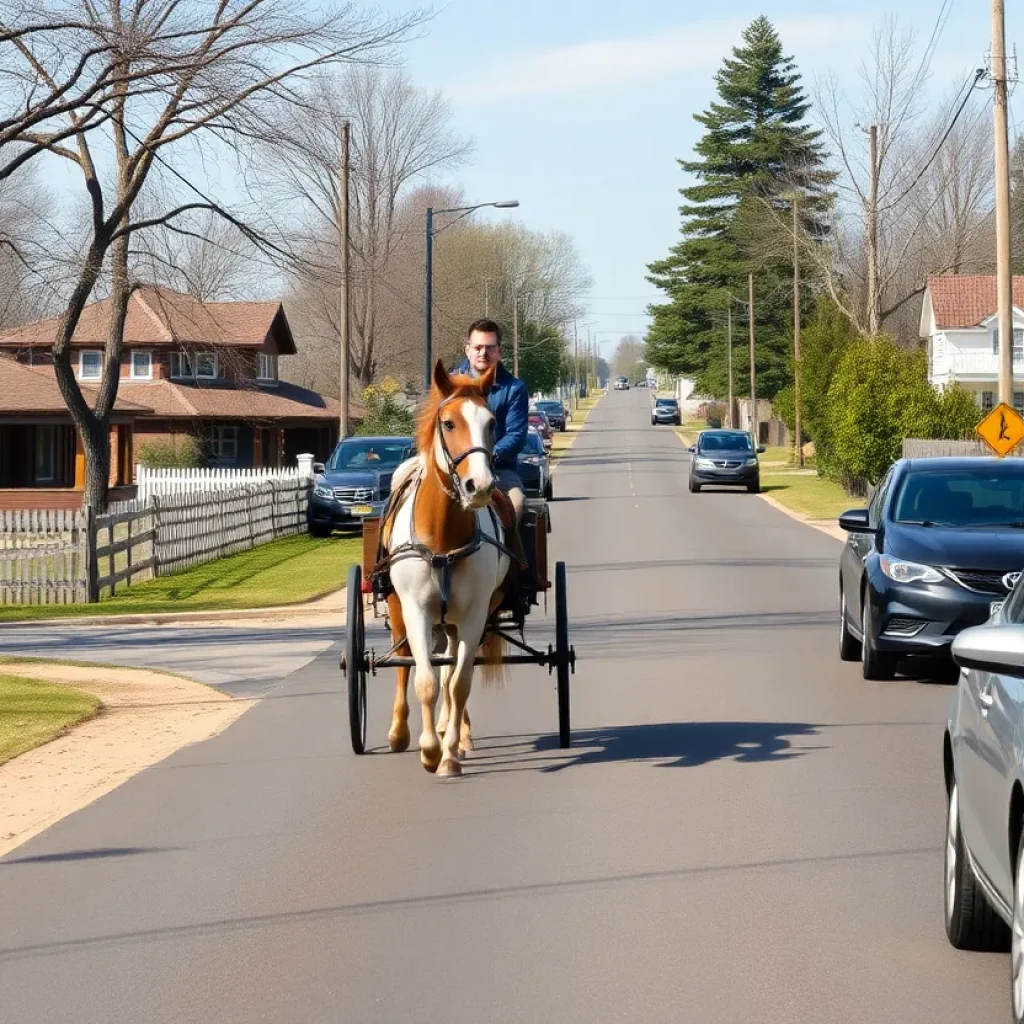 Rural road with horse-drawn buggy and vehicles