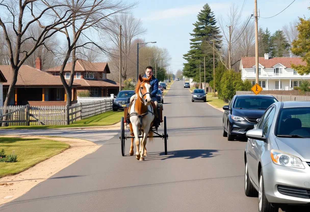 Rural road with horse-drawn buggy and vehicles
