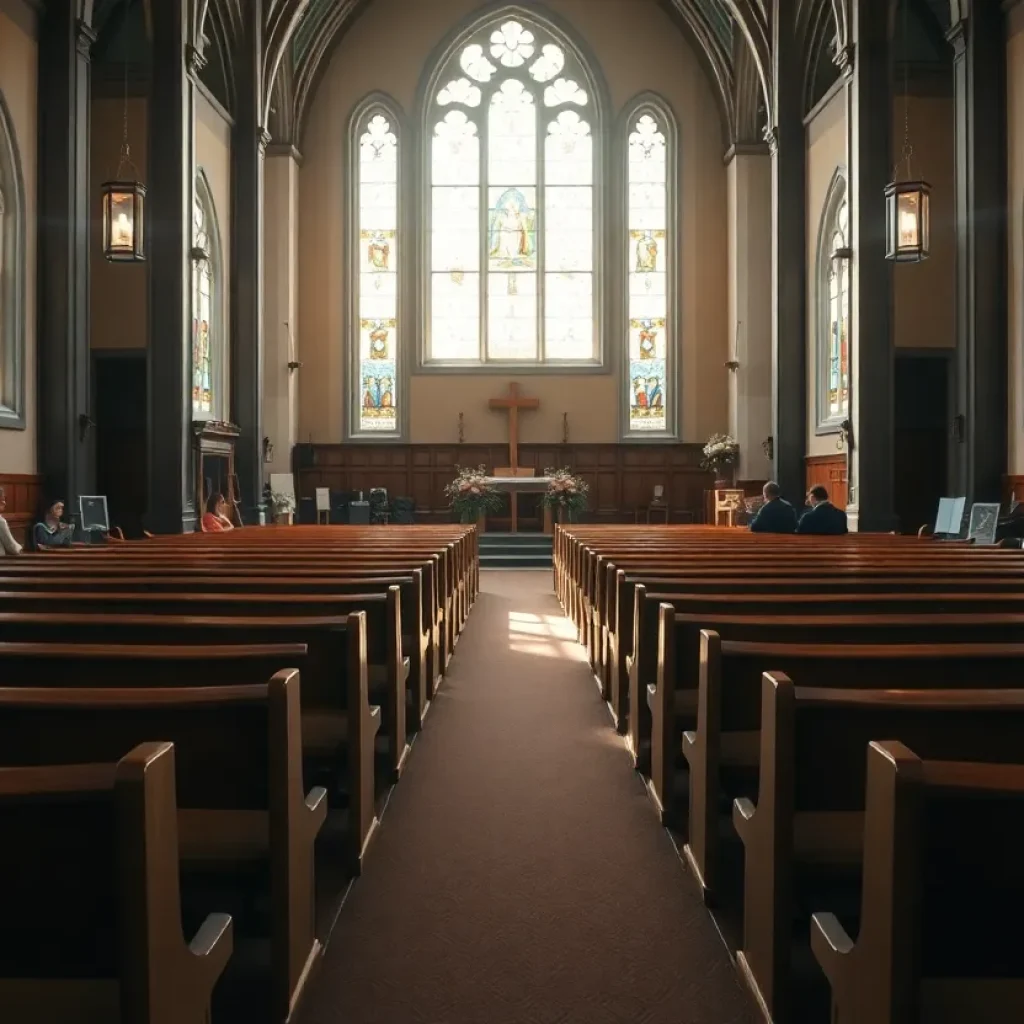 Interior view of a Catholic church with stained glass windows