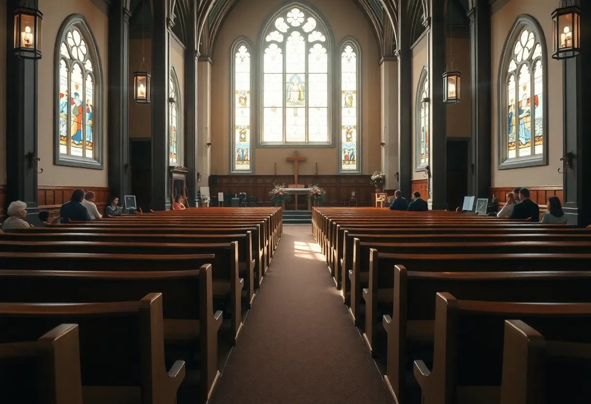 Interior view of a Catholic church with stained glass windows