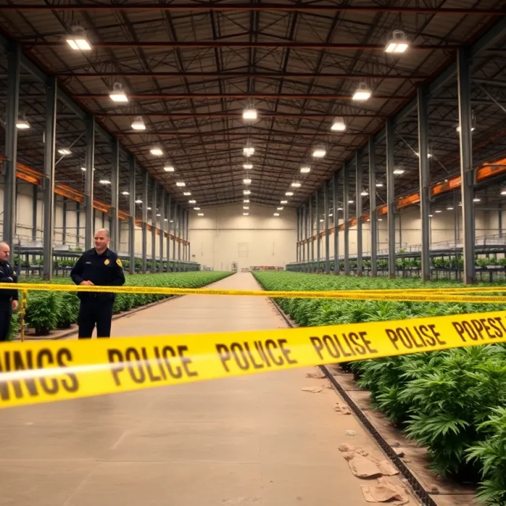 Law enforcement officials conducting a raid on an illegal marijuana facility