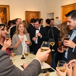 Guests enjoying the Bourbon & Bubbles event at the Grand Rapids Art Museum, tasting drinks and engaging with art.