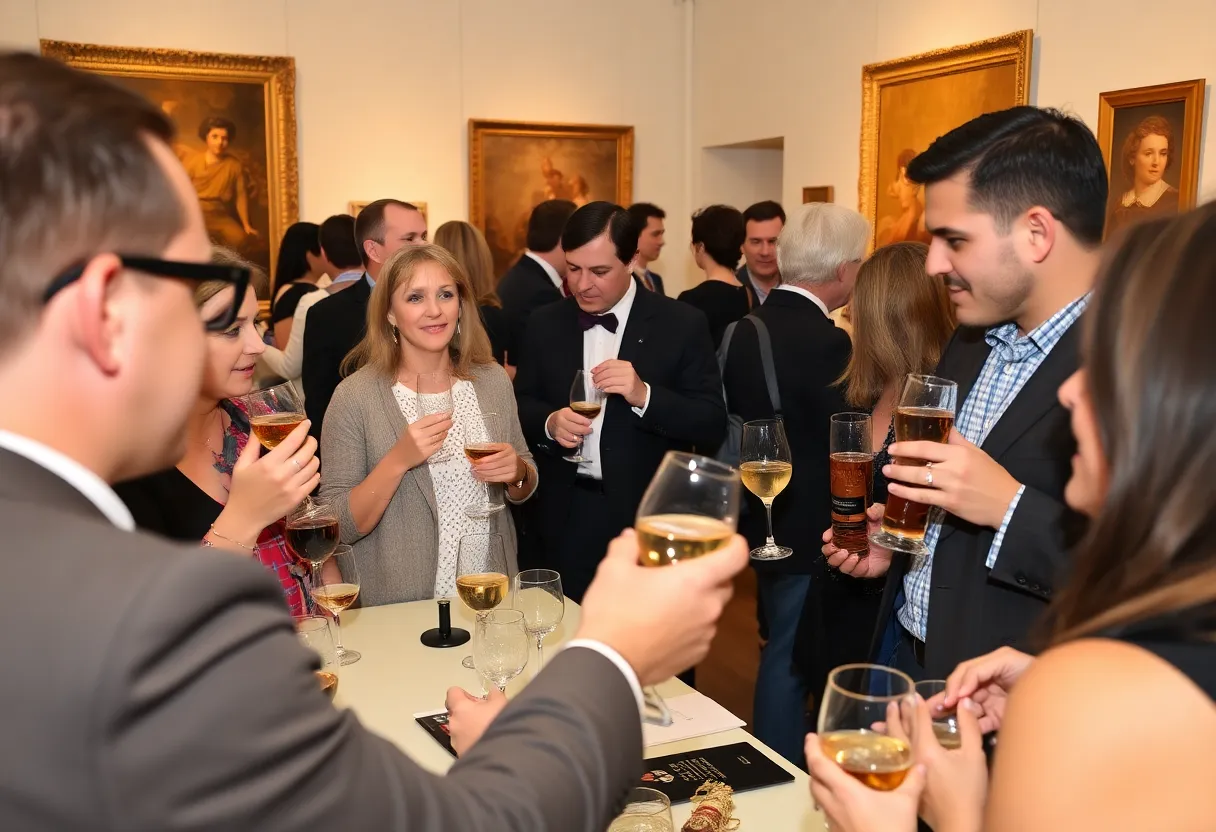 Guests enjoying the Bourbon & Bubbles event at the Grand Rapids Art Museum, tasting drinks and engaging with art.