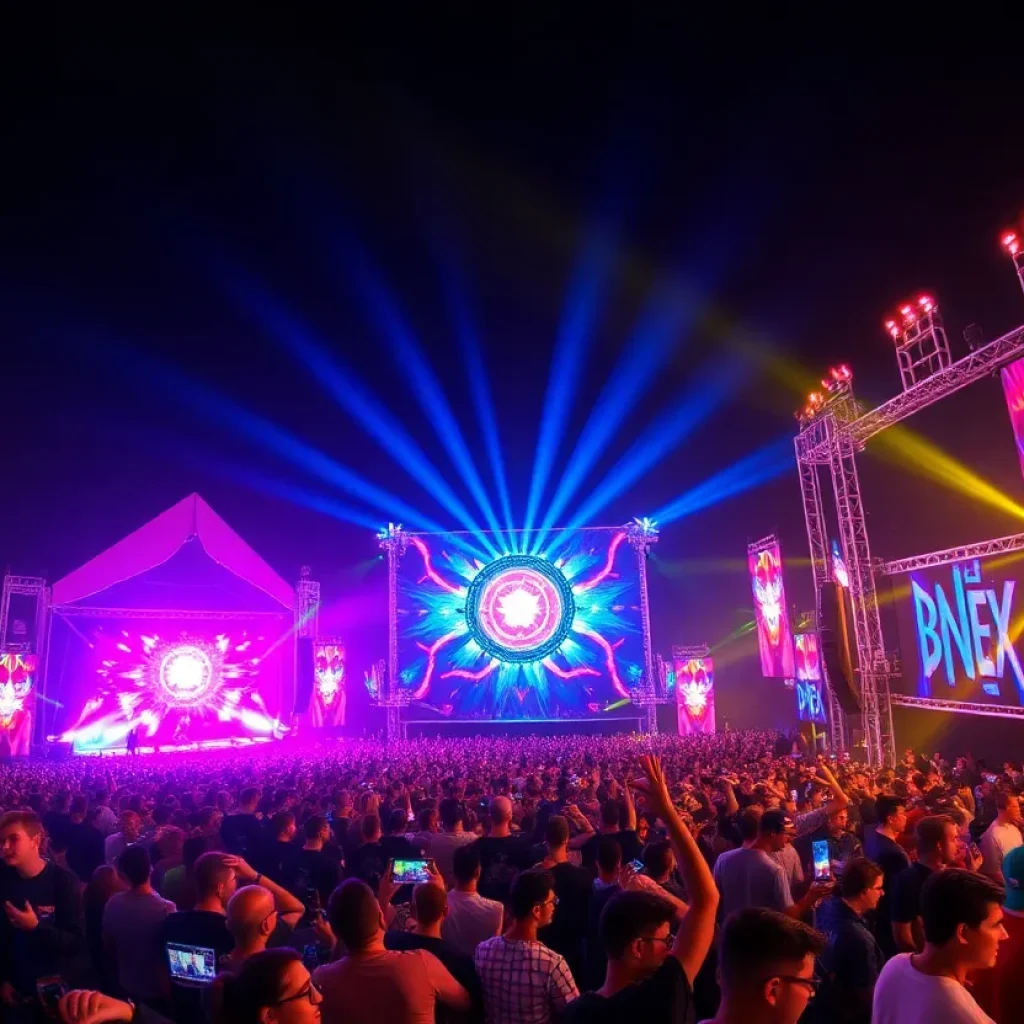 Crowd enjoying Breakaway Music Festival with colorful stage lights