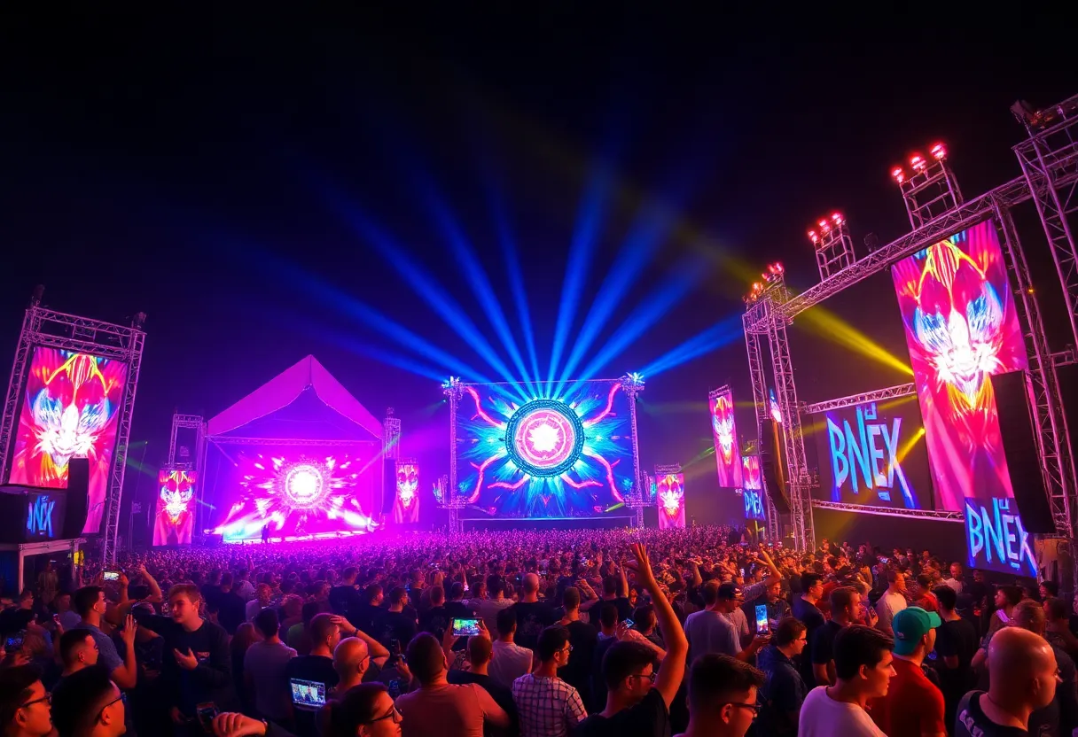 Crowd enjoying Breakaway Music Festival with colorful stage lights