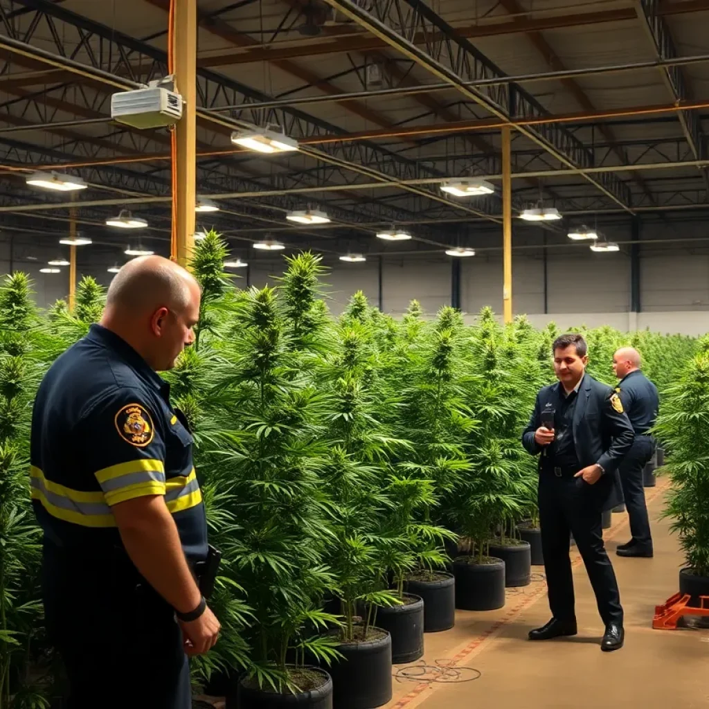 Law enforcement inspecting cannabis plants at an unlicensed grow operation