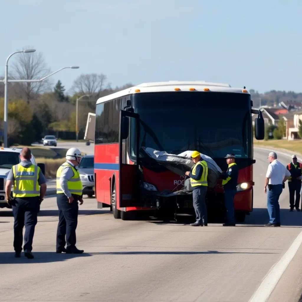 Emergency responders at a charter bus accident scene on I-96