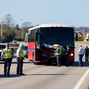 Emergency responders at a charter bus accident scene on I-96
