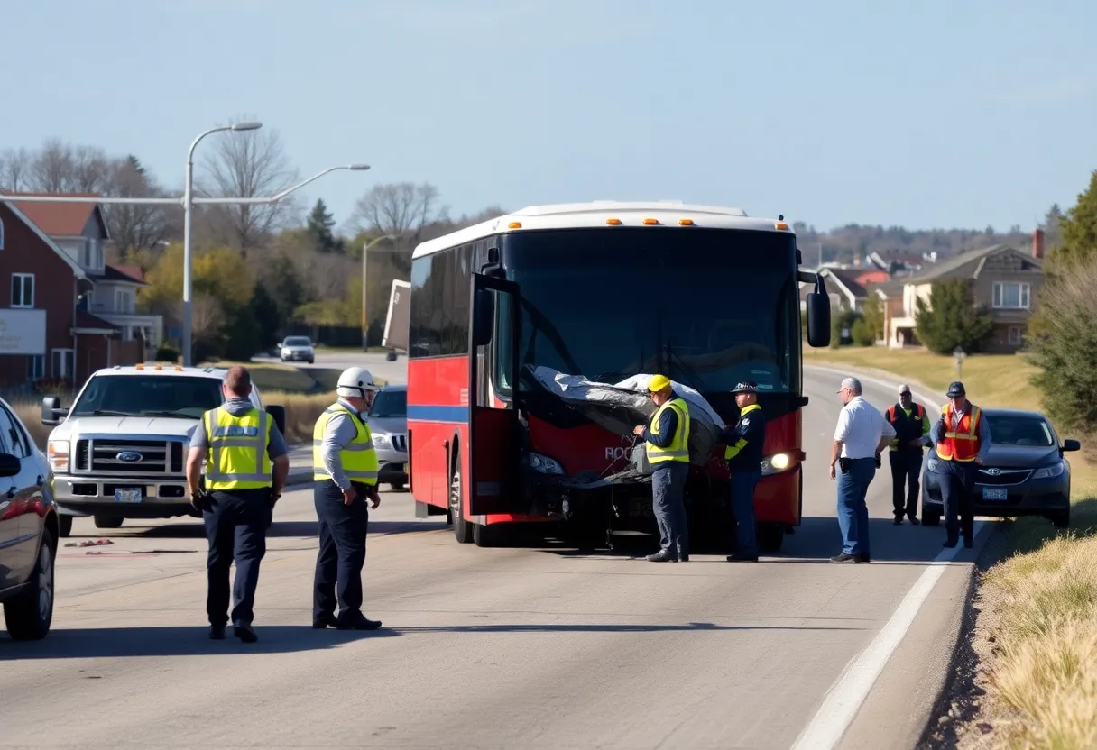Emergency responders at a charter bus accident scene on I-96