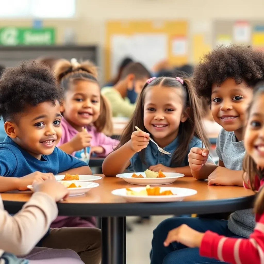 Students happily eating school meals together