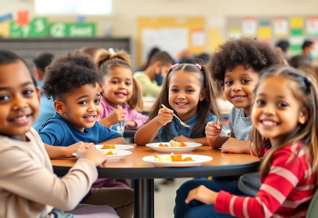 Students happily eating school meals together