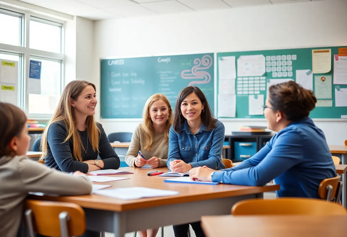 Teachers discussing strategies in a classroom
