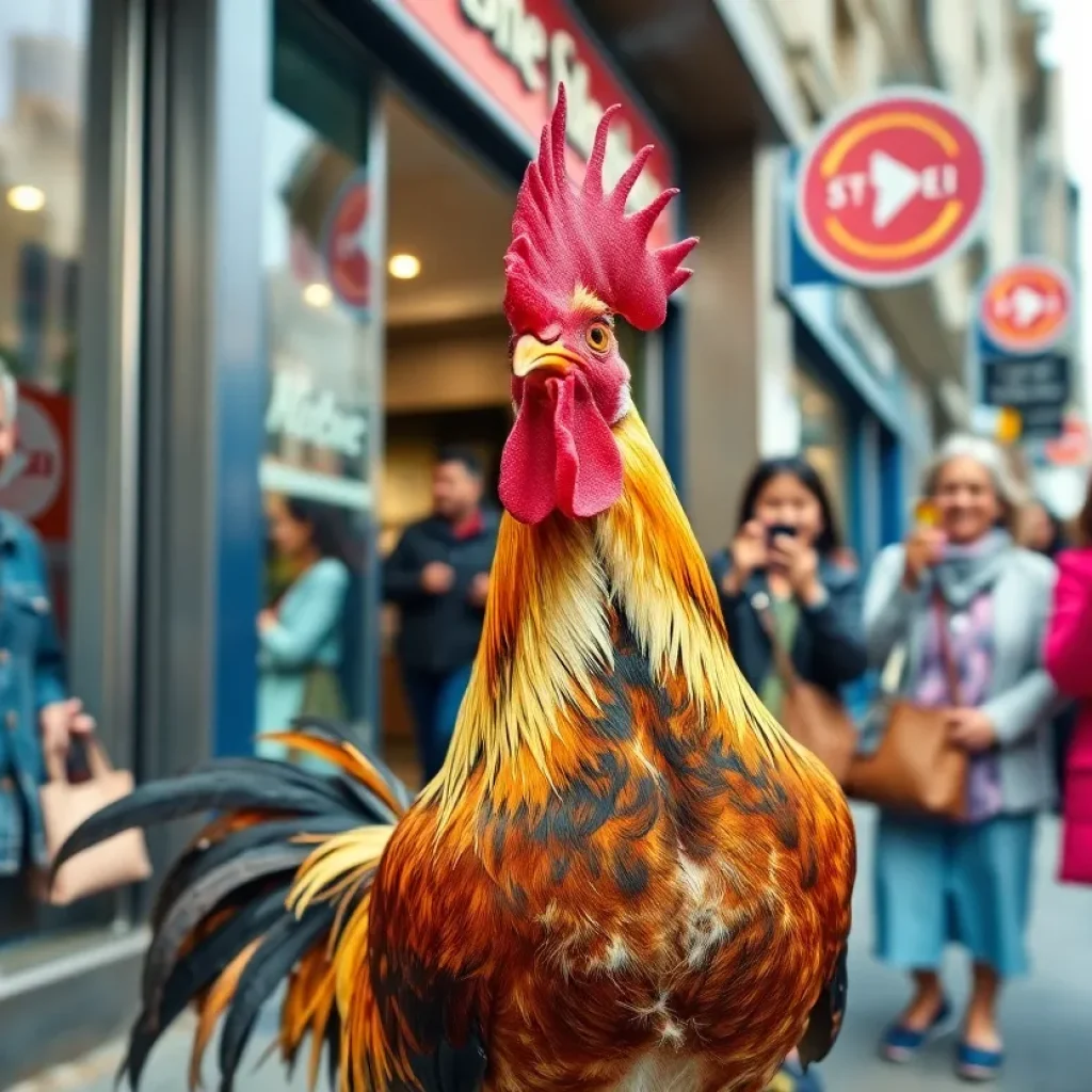 Clyde the rooster outside Family Dollar with crowds of people