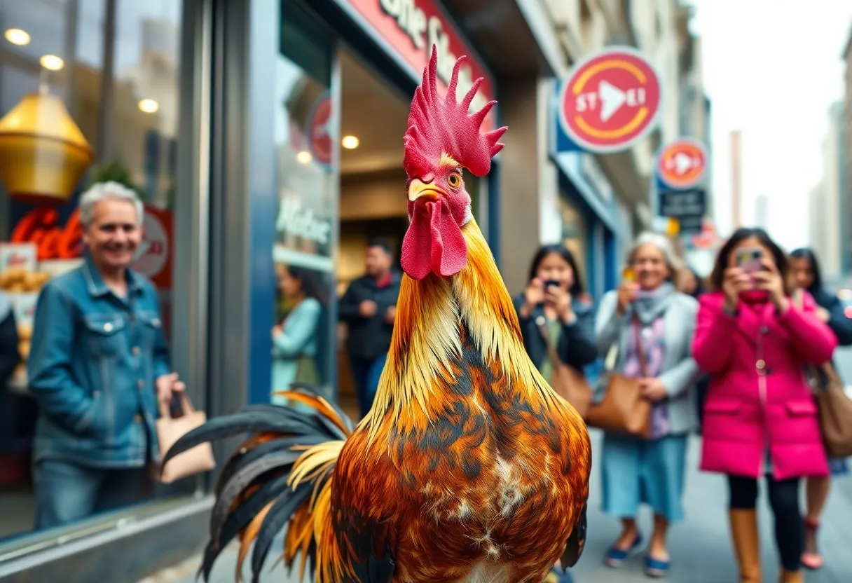 Clyde the rooster outside Family Dollar with crowds of people