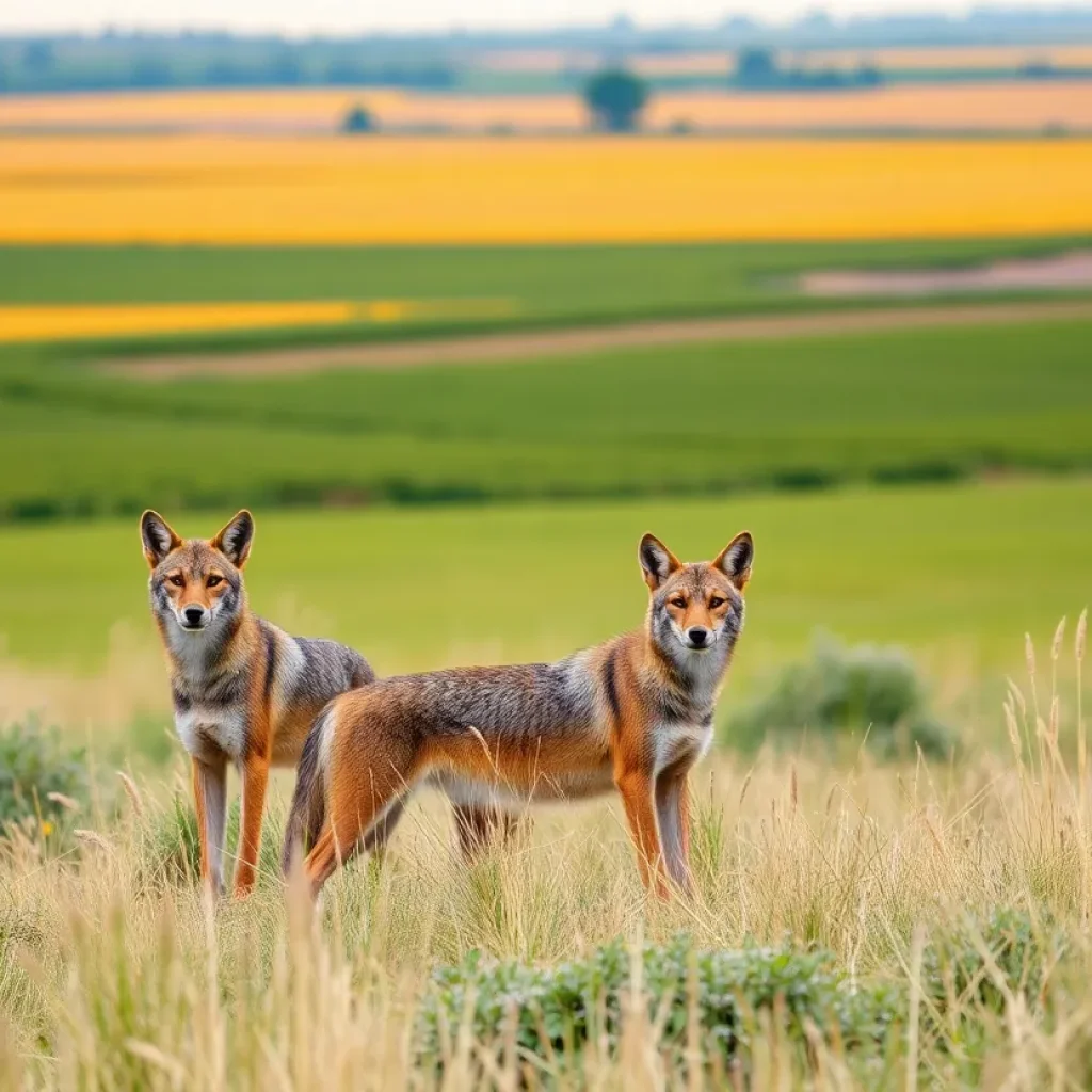 Coyotes in a Michigan landscape with agricultural fields