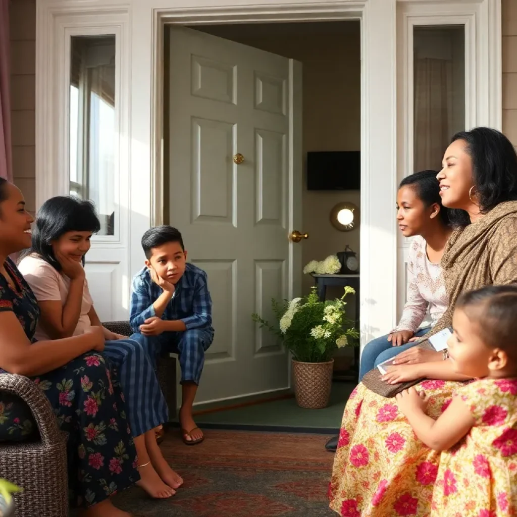 A diverse family welcoming an exchange student in a cozy home setting.