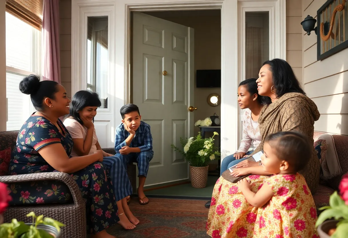 A diverse family welcoming an exchange student in a cozy home setting.