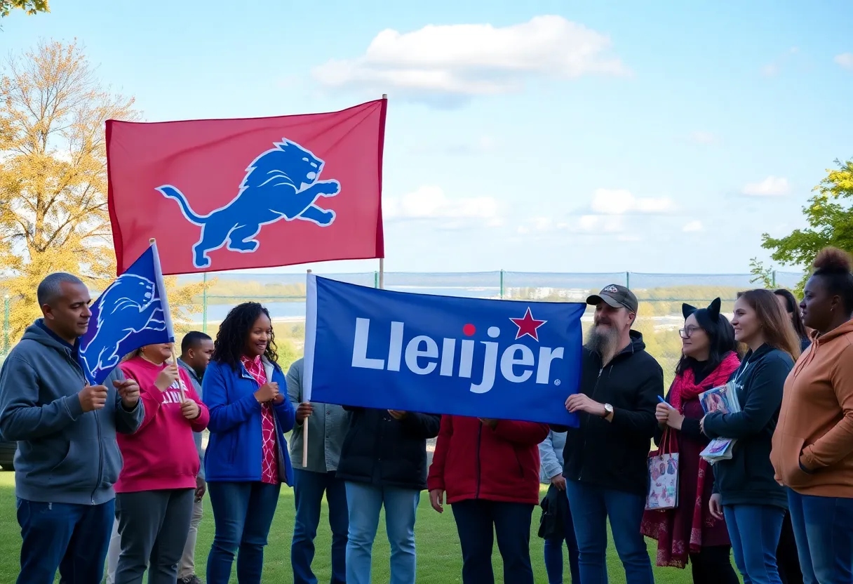 Community members holding collectible flags from the Detroit Lions and Meijer in a park