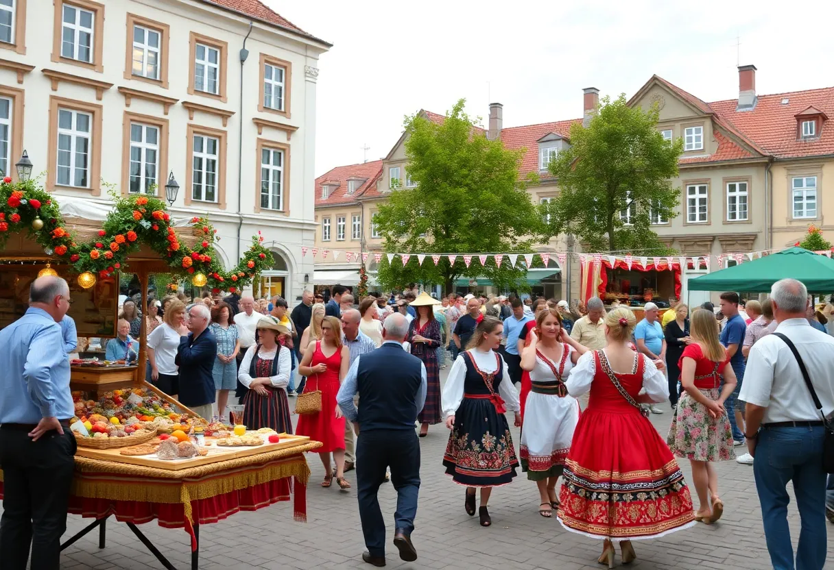 Crowd enjoying the Dozynki Polish Harvest Festival with food stands and performances.