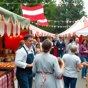 Families enjoying the Dożynki Harvest Festival with colorful stalls and traditional Polish food
