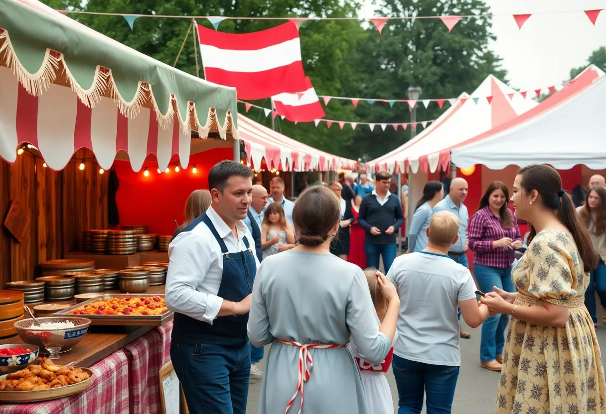 Families enjoying the Dożynki Harvest Festival with colorful stalls and traditional Polish food