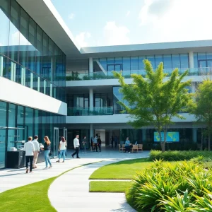 Aerial view of the Ellison Institute of Technology campus with researchers collaborating.