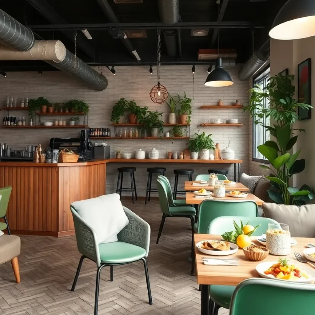 Cozy interior of Fika vegan brunch restaurant with seating and dishes