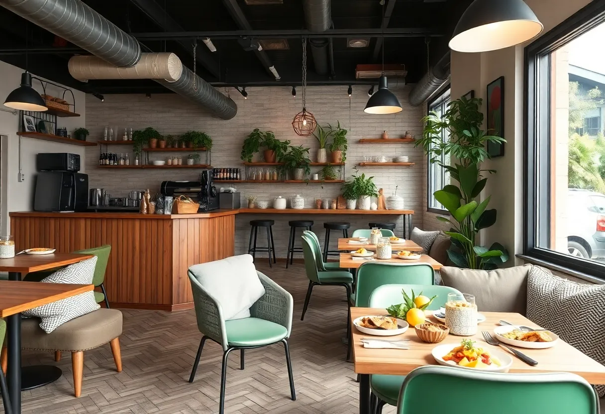 Cozy interior of Fika vegan brunch restaurant with seating and dishes