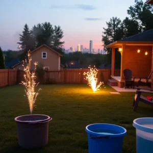 Fireworks displayed in a backyard with safety measures in Grand Rapids