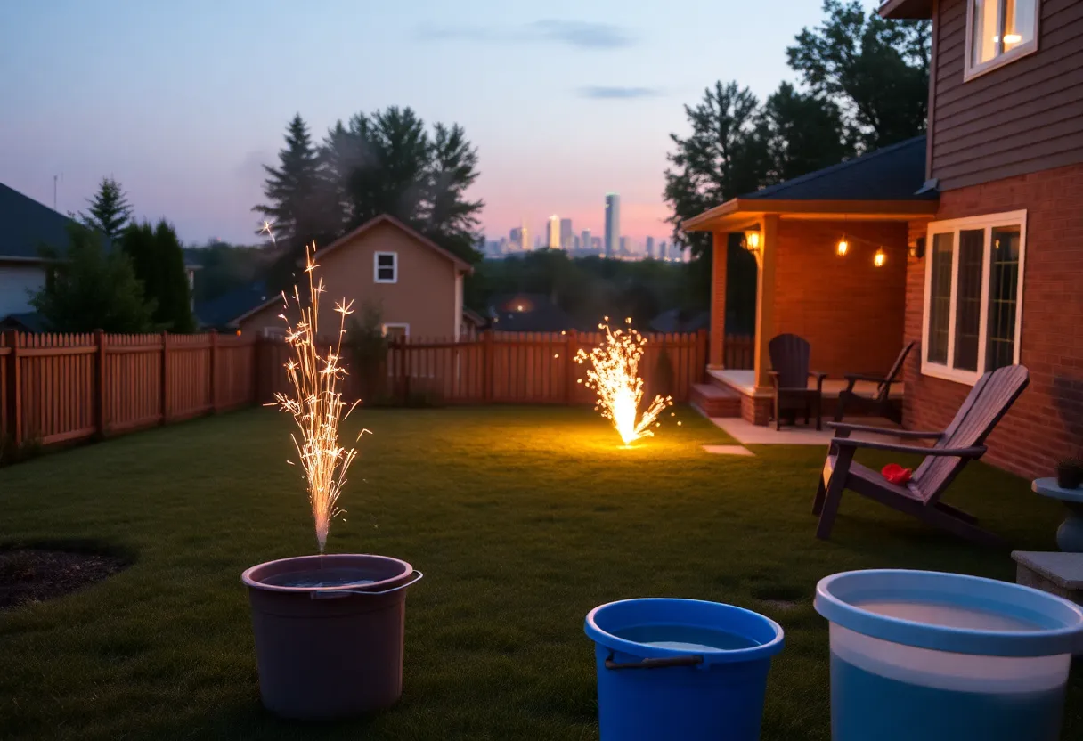 Fireworks displayed in a backyard with safety measures in Grand Rapids