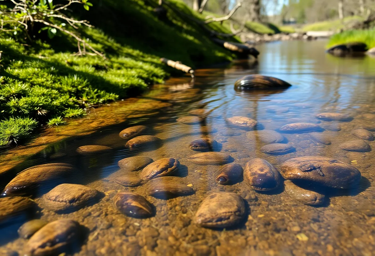 Rare freshwater mussels in a clear creek