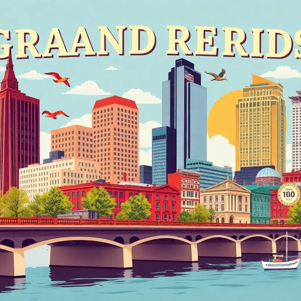 Celebratory poster design for Grand Rapids' 175th anniversary featuring cultural and historical imagery.