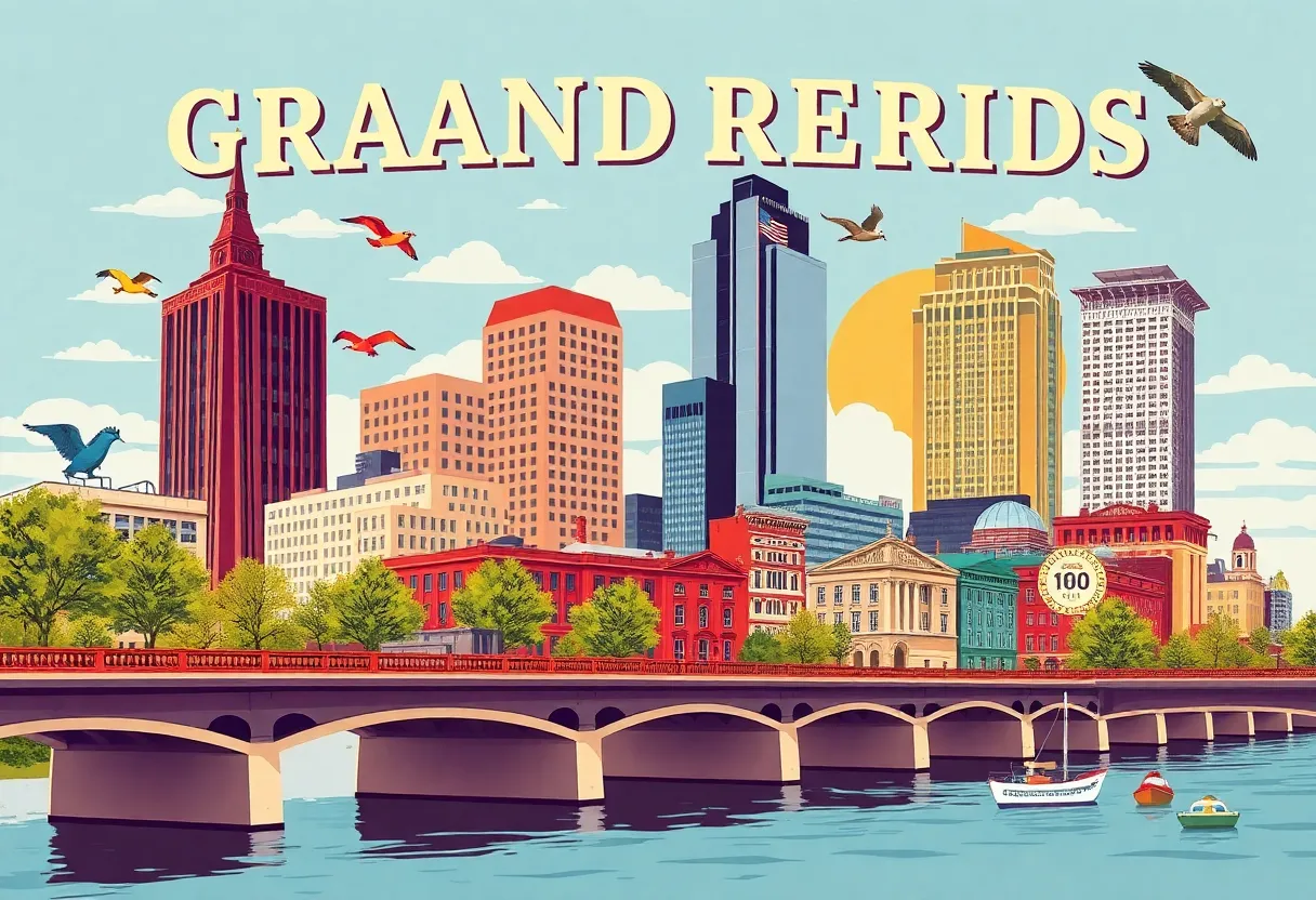 Celebratory poster design for Grand Rapids' 175th anniversary featuring cultural and historical imagery.