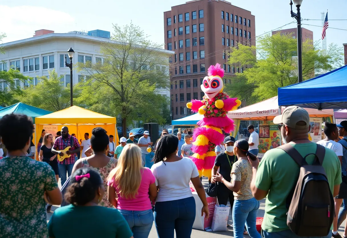 Community celebration at Rosa Parks Circle for Grand Rapids anniversary with music and activities.