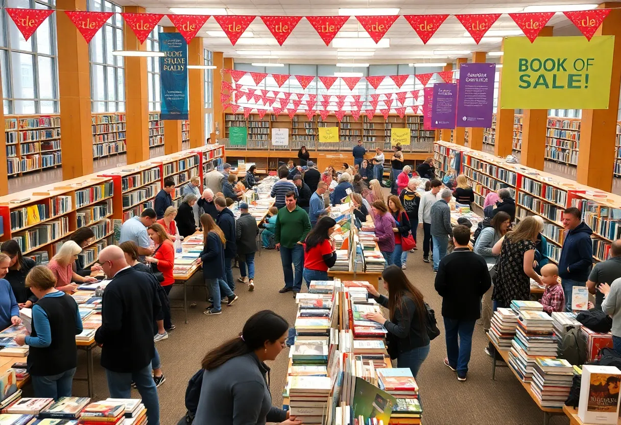 Attendees exploring the Grand Rapids Fall Book Sale featuring various books and community engagement activities.