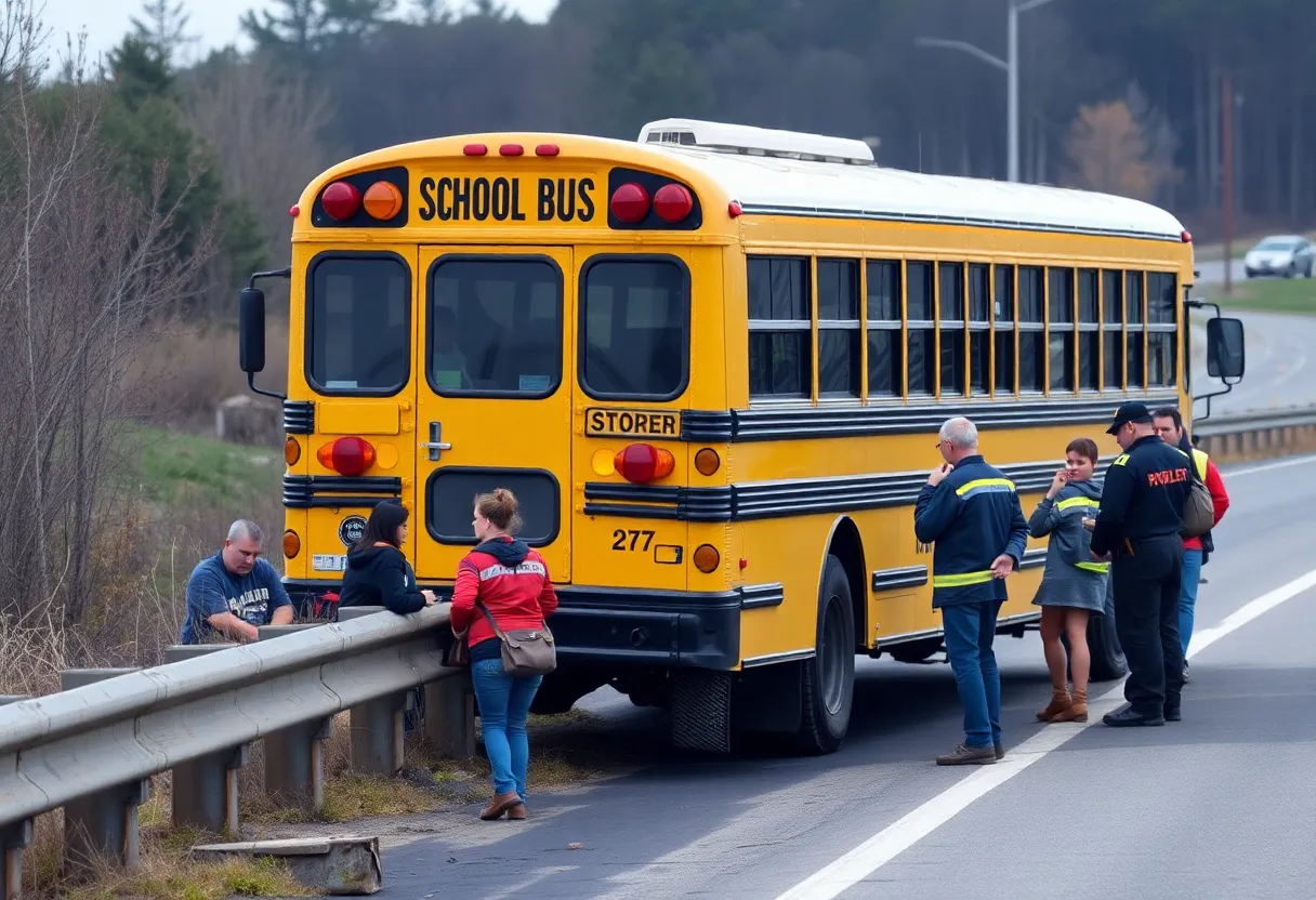 Police and emergency responders at the scene of a bus accident involving students.