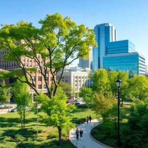Green landscape in Grand Rapids with trees and sustainable buildings