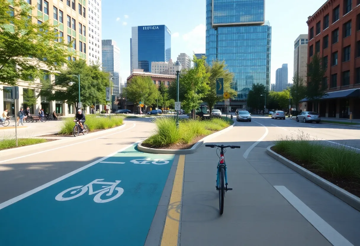 Urban scene depicting climate action in Grand Rapids with bike lanes and greenery.