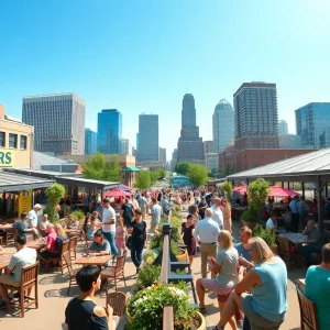 A vibrant scene of Grand Rapids craft breweries with people enjoying outdoor seating.