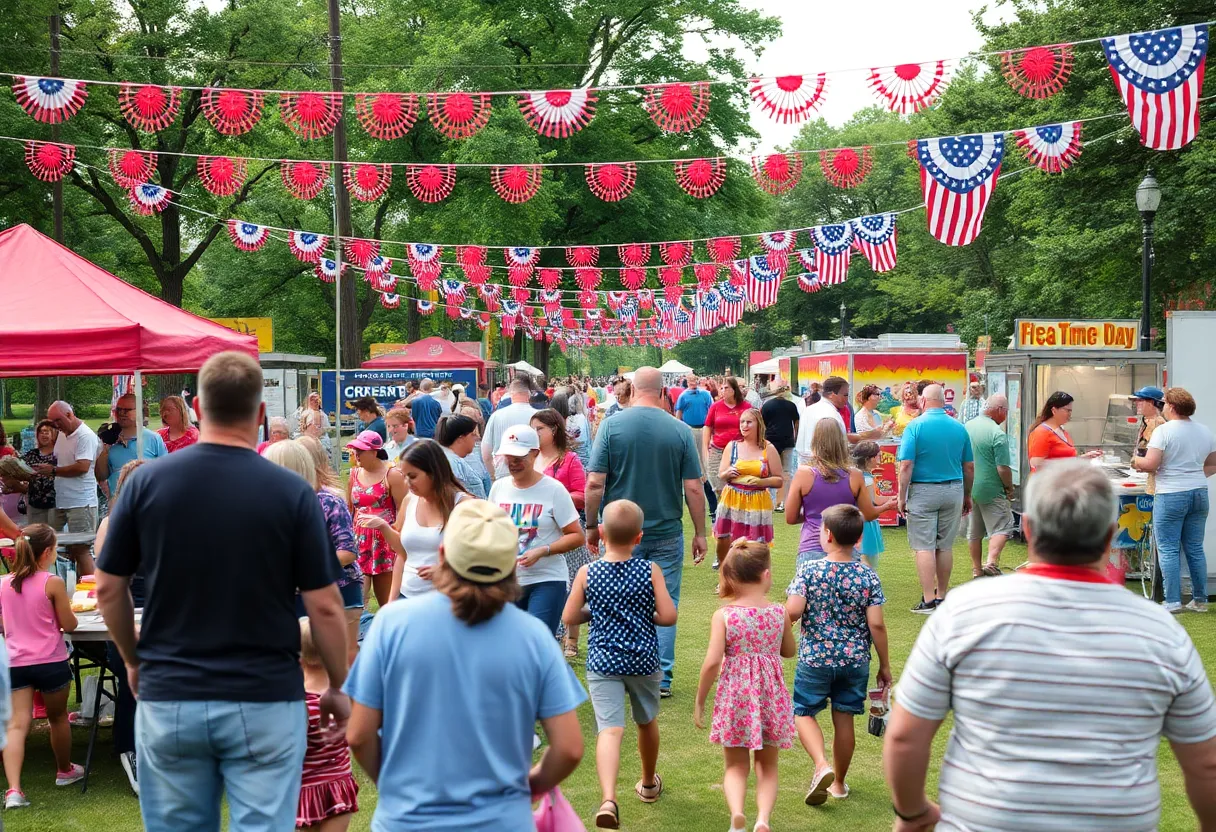 Families celebrating Labor Day in Grand Rapids park with food vendors and activities.