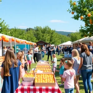 Families enjoying the Peach Festival with activities and peach-themed treats in Grand Rapids