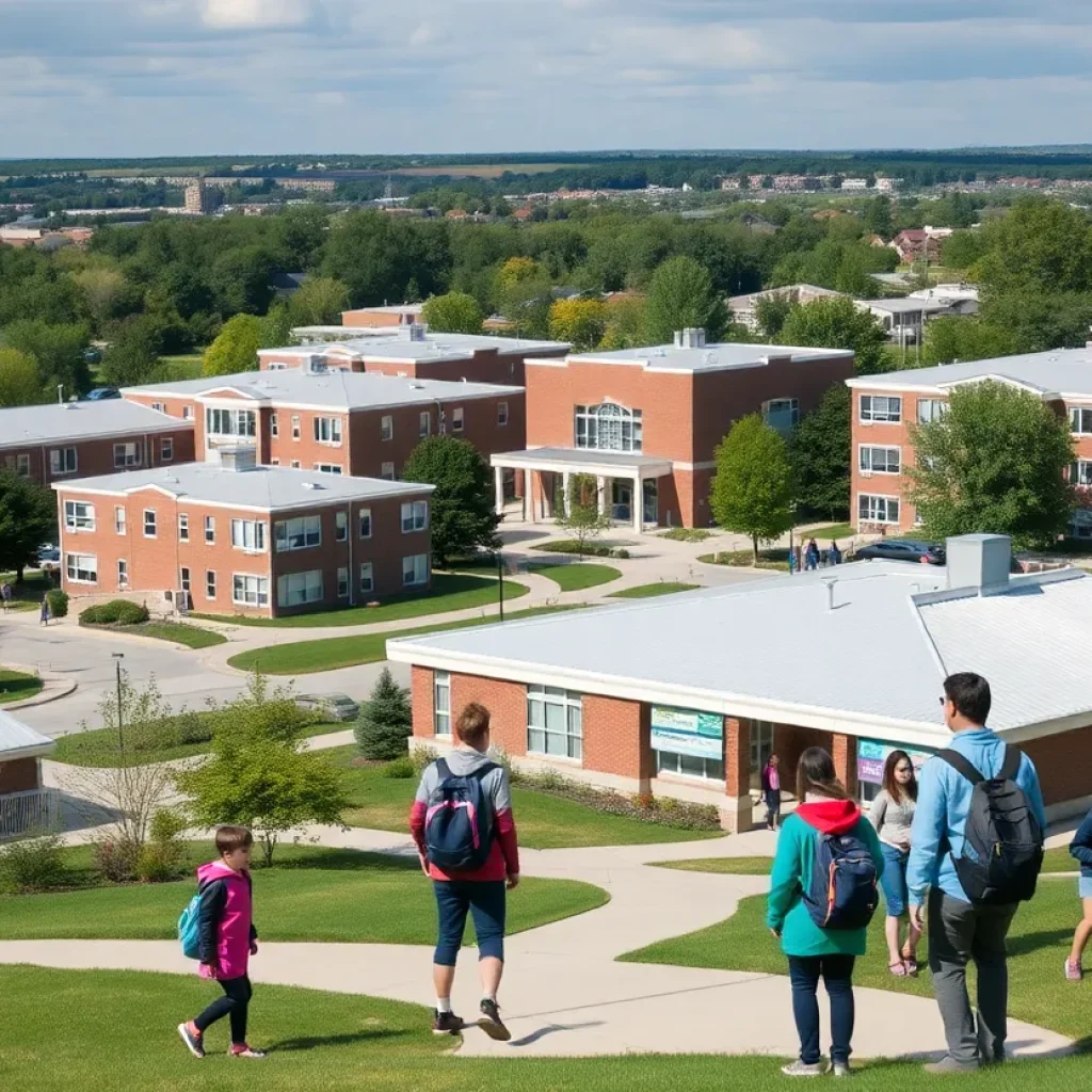 A picturesque scene showing various private K-12 schools in Grand Rapids with students playing outside.