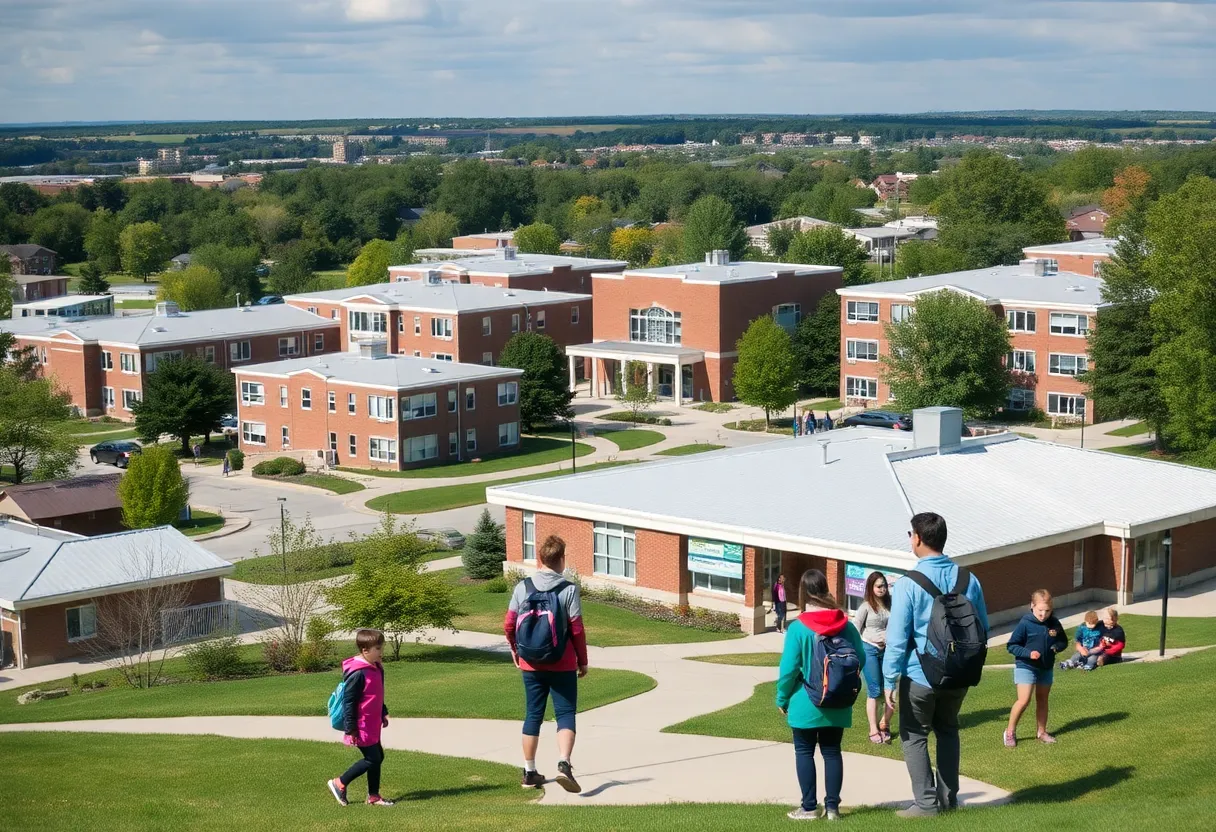 A picturesque scene showing various private K-12 schools in Grand Rapids with students playing outside.