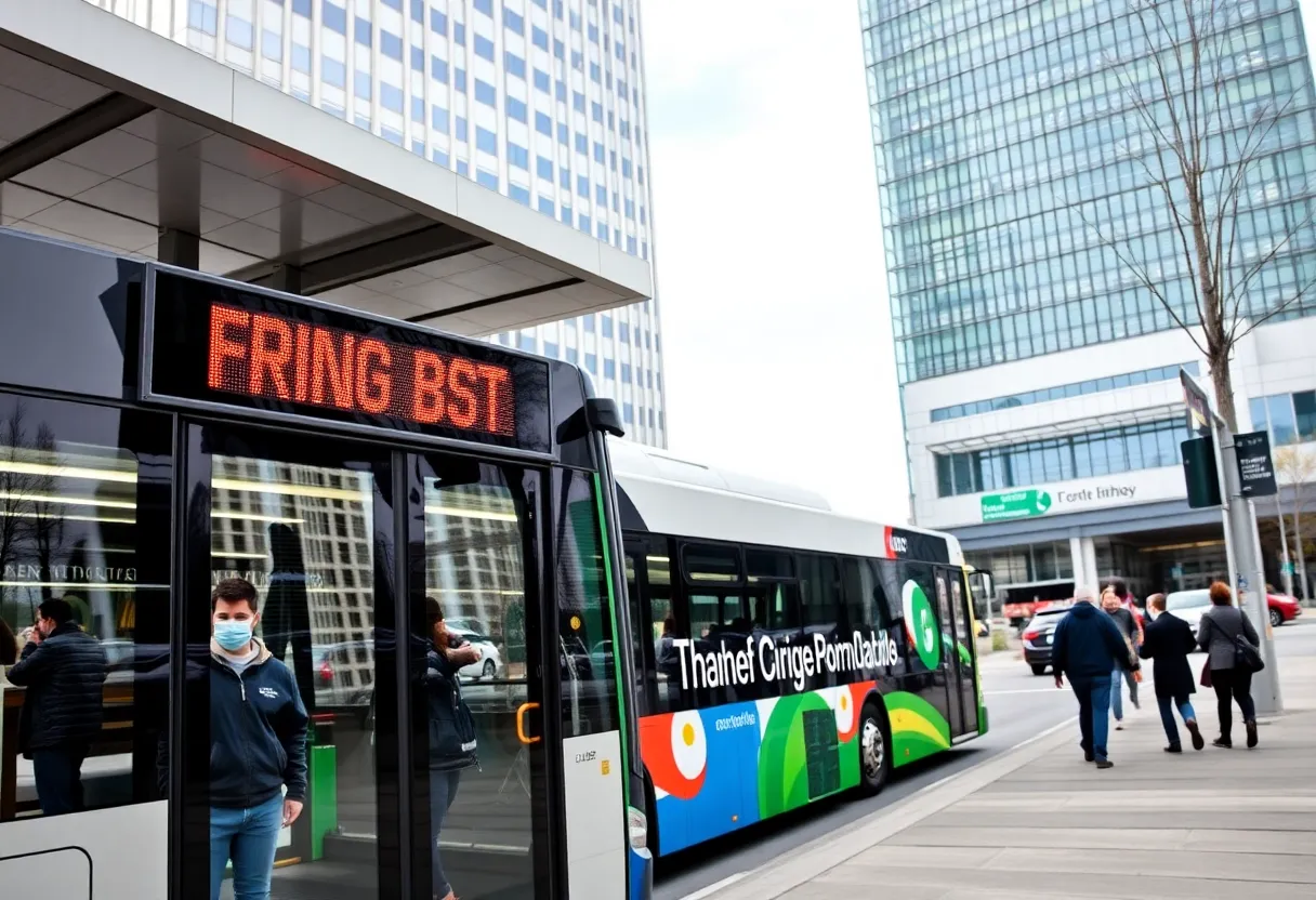 A Grand Rapids bus at a bus stop with passengers.