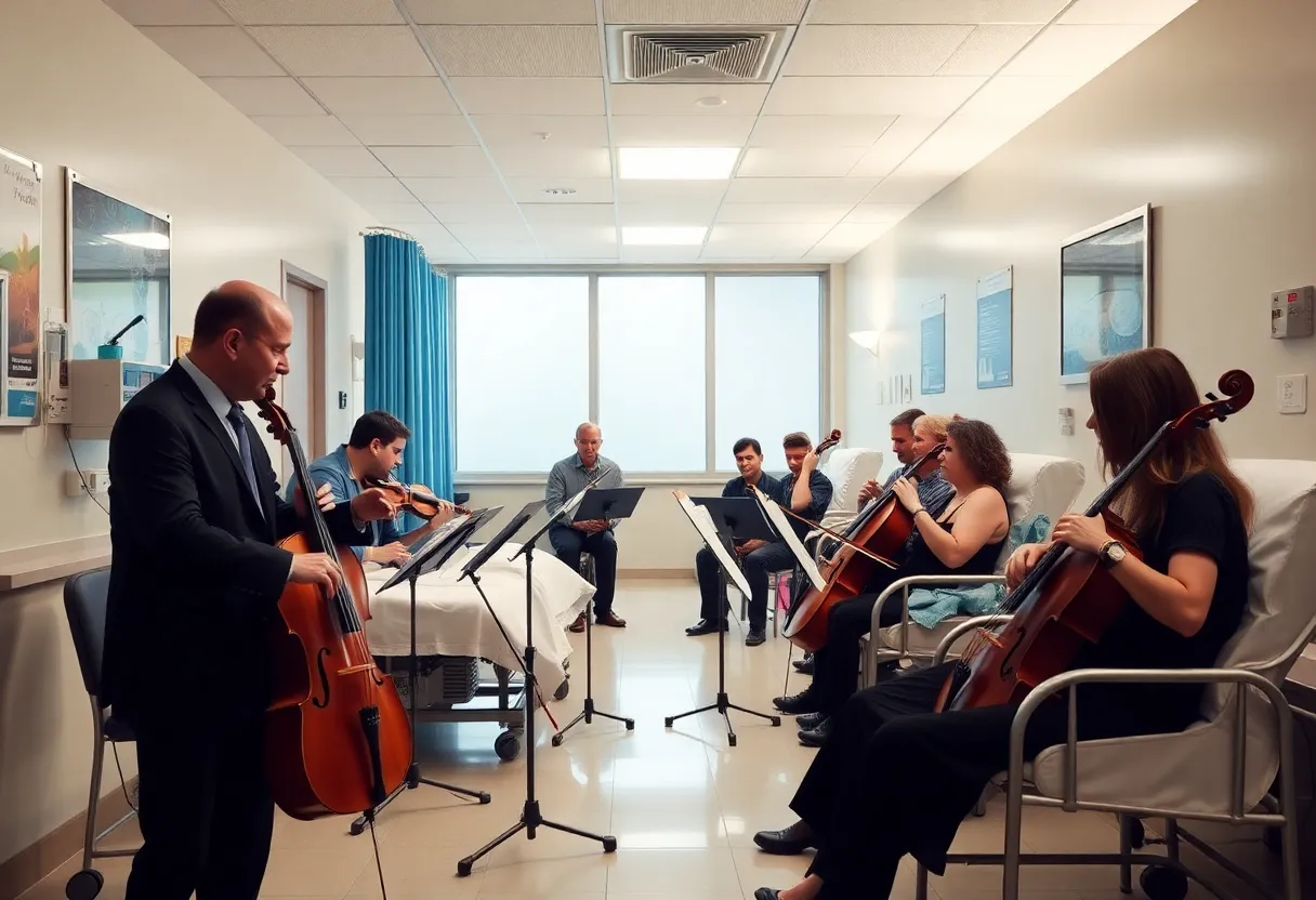 Musicians performing live music in a hospital setting for patients.