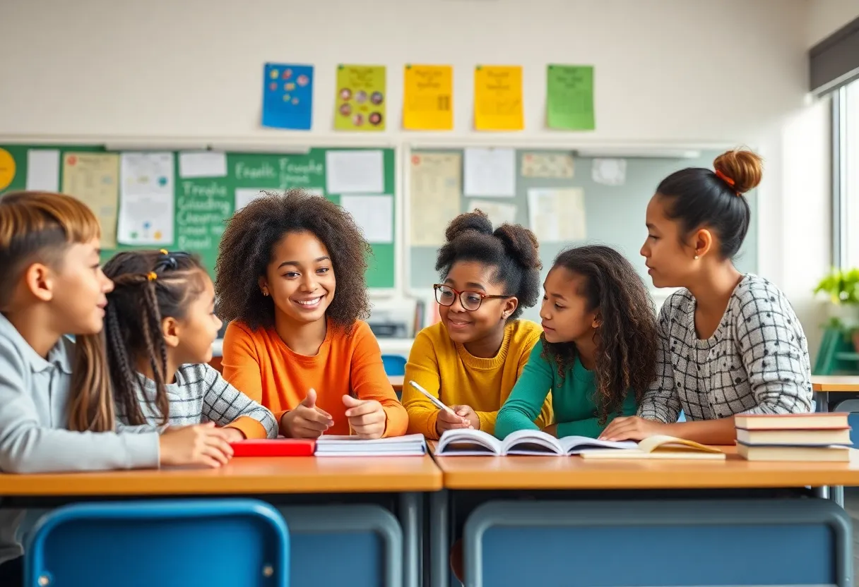 Teachers interacting with students in a classroom setting