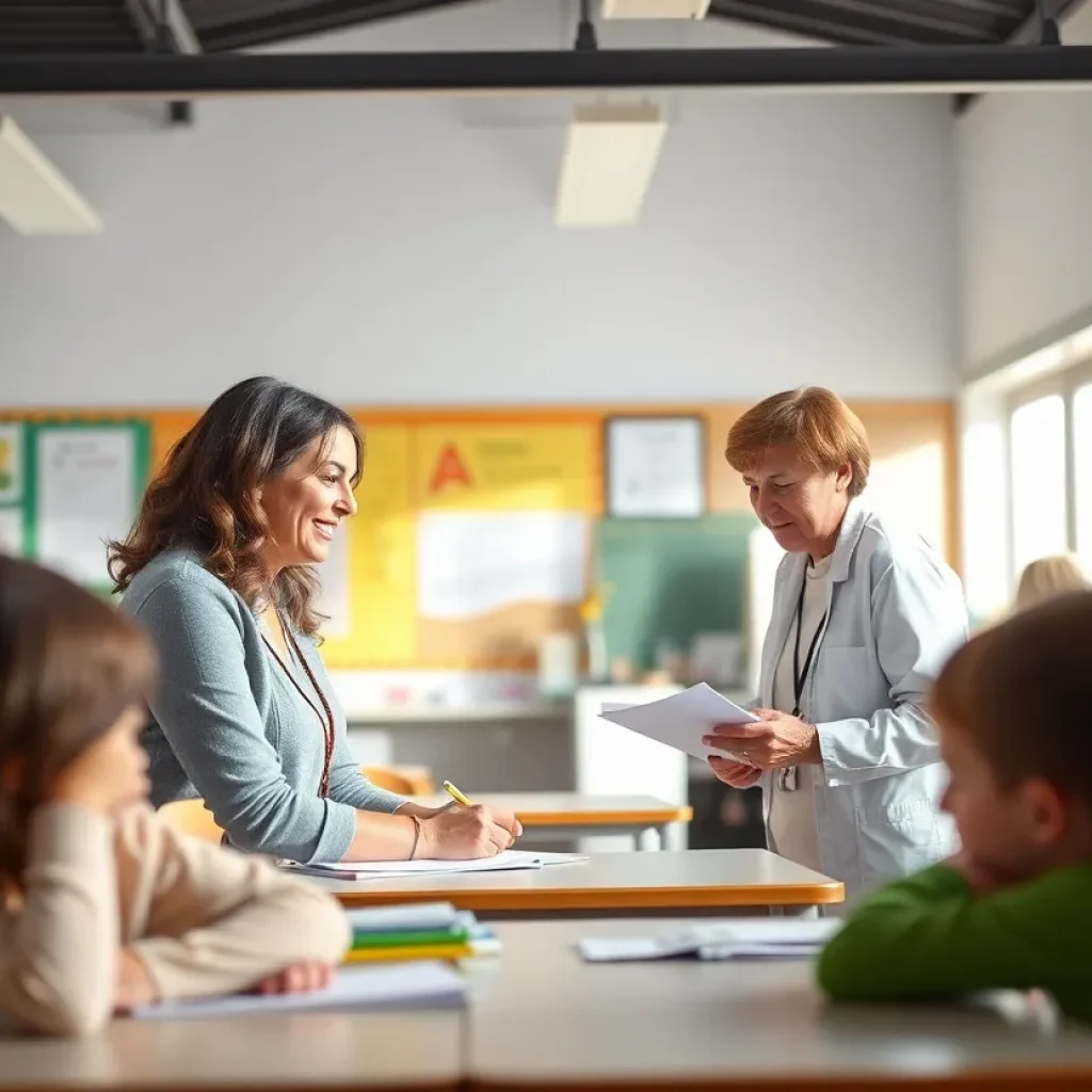 Teachers interacting with students in a classroom setting