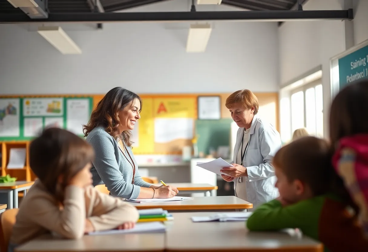 Teachers interacting with students in a classroom setting