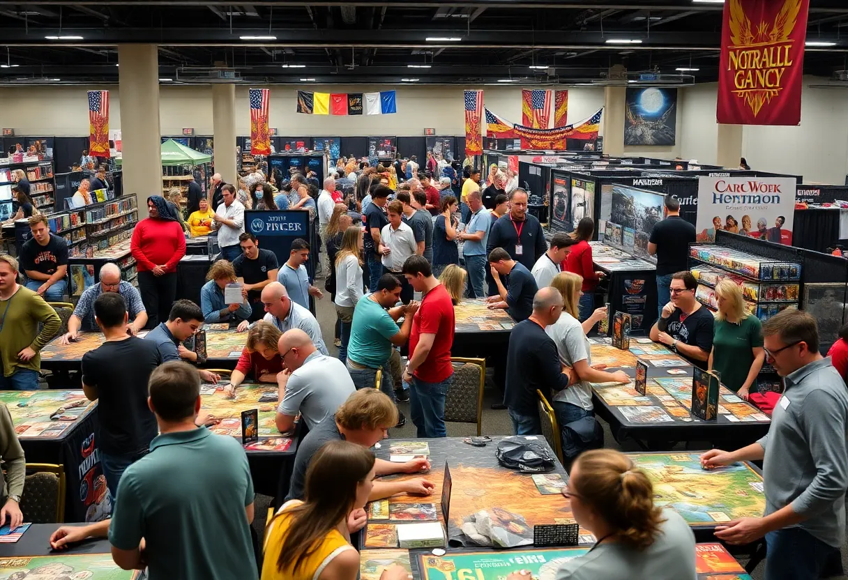 A lively atmosphere at GrandCon with people playing tabletop games.