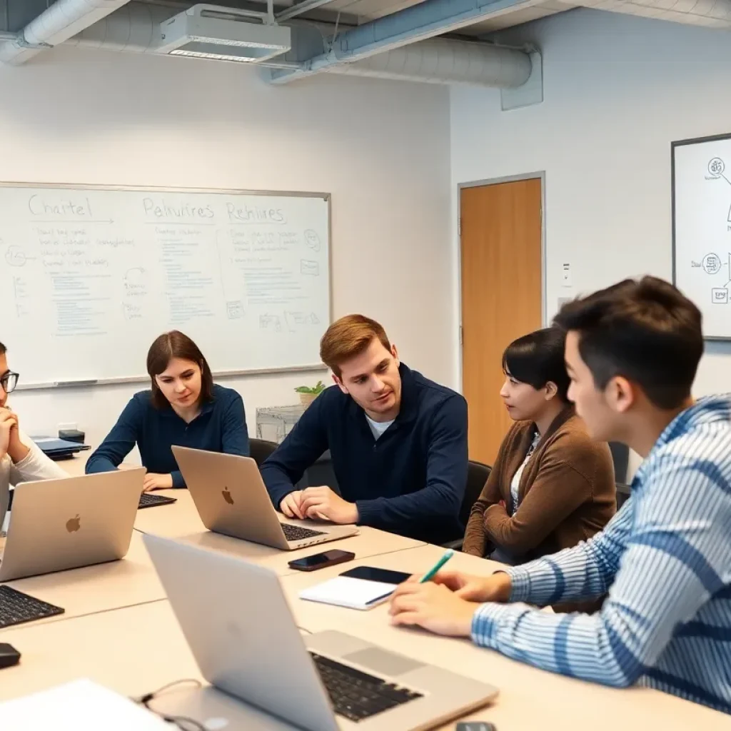 College students working on artificial intelligence projects in a classroom.